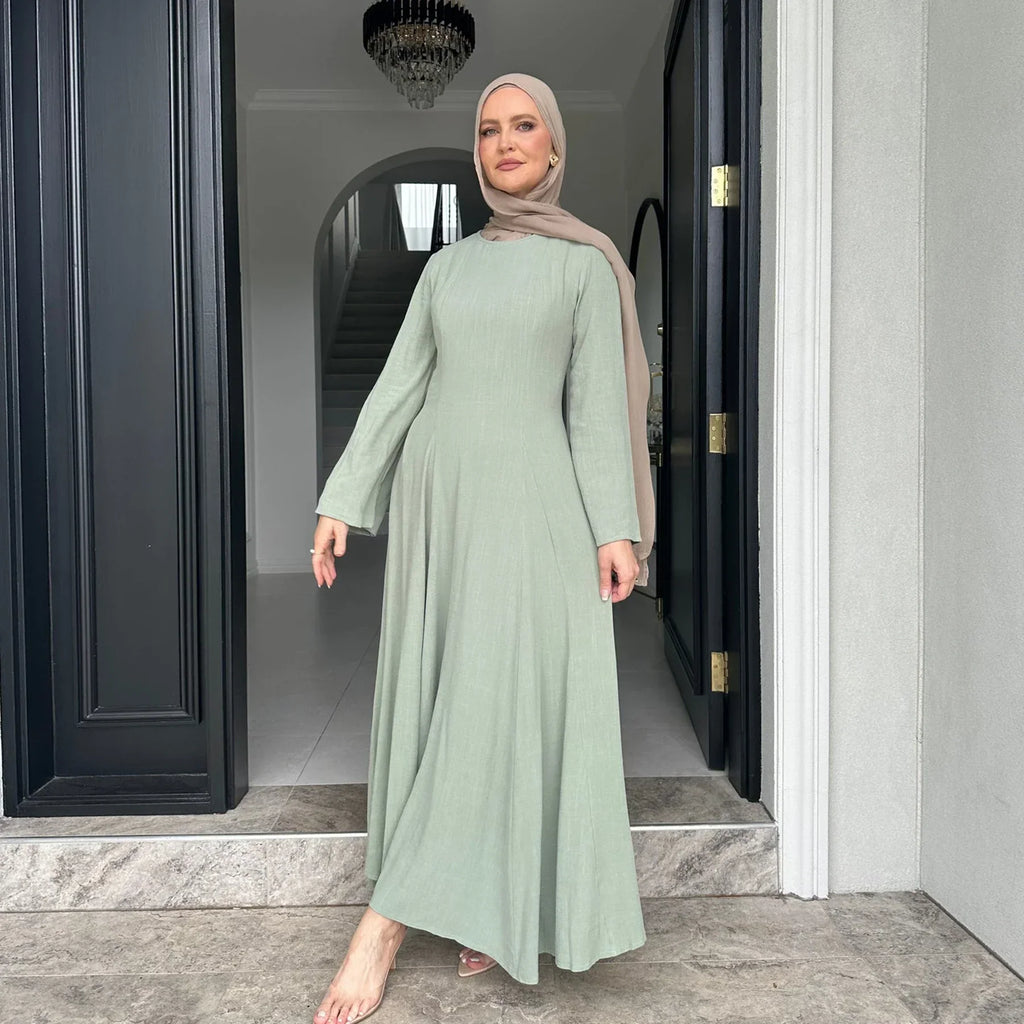 LM100 Abaya Coton Lin Nouée dans le Dos Élégante – Coupe Slim, Prenez une Taille au-dessus | Robe Modeste Aïd