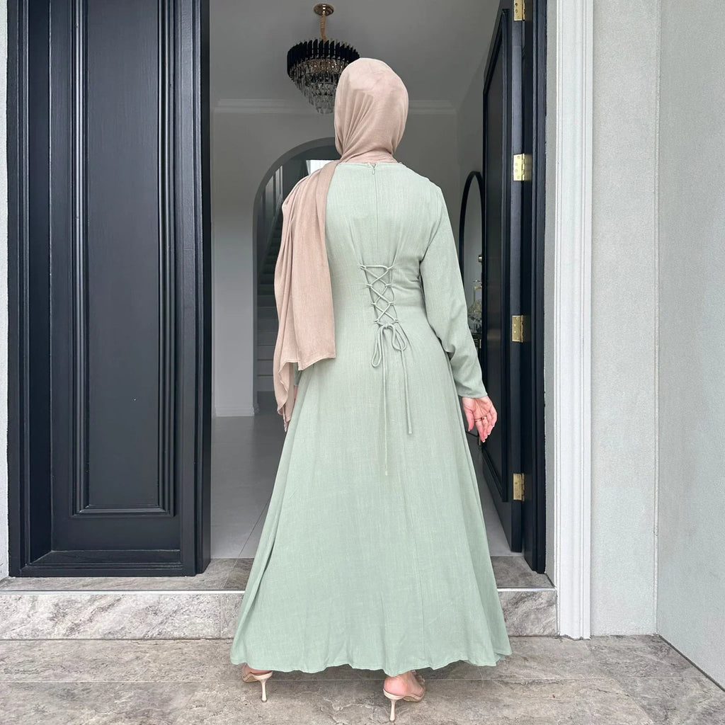 LM100 Abaya Coton Lin Nouée dans le Dos Élégante – Coupe Slim, Prenez une Taille au-dessus | Robe Modeste Aïd
