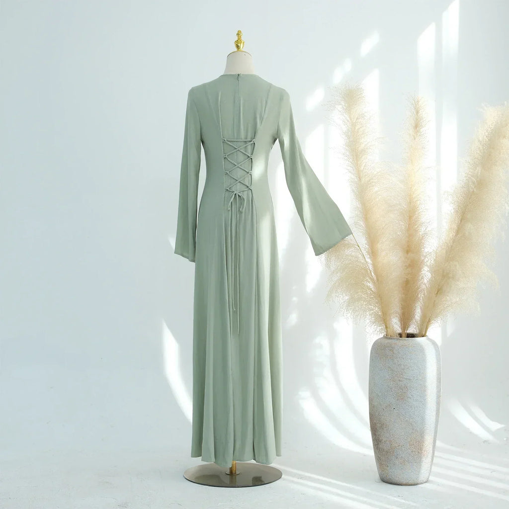 LM100 Abaya Coton Lin Nouée dans le Dos Élégante – Coupe Slim, Prenez une Taille au-dessus | Robe Modeste Aïd