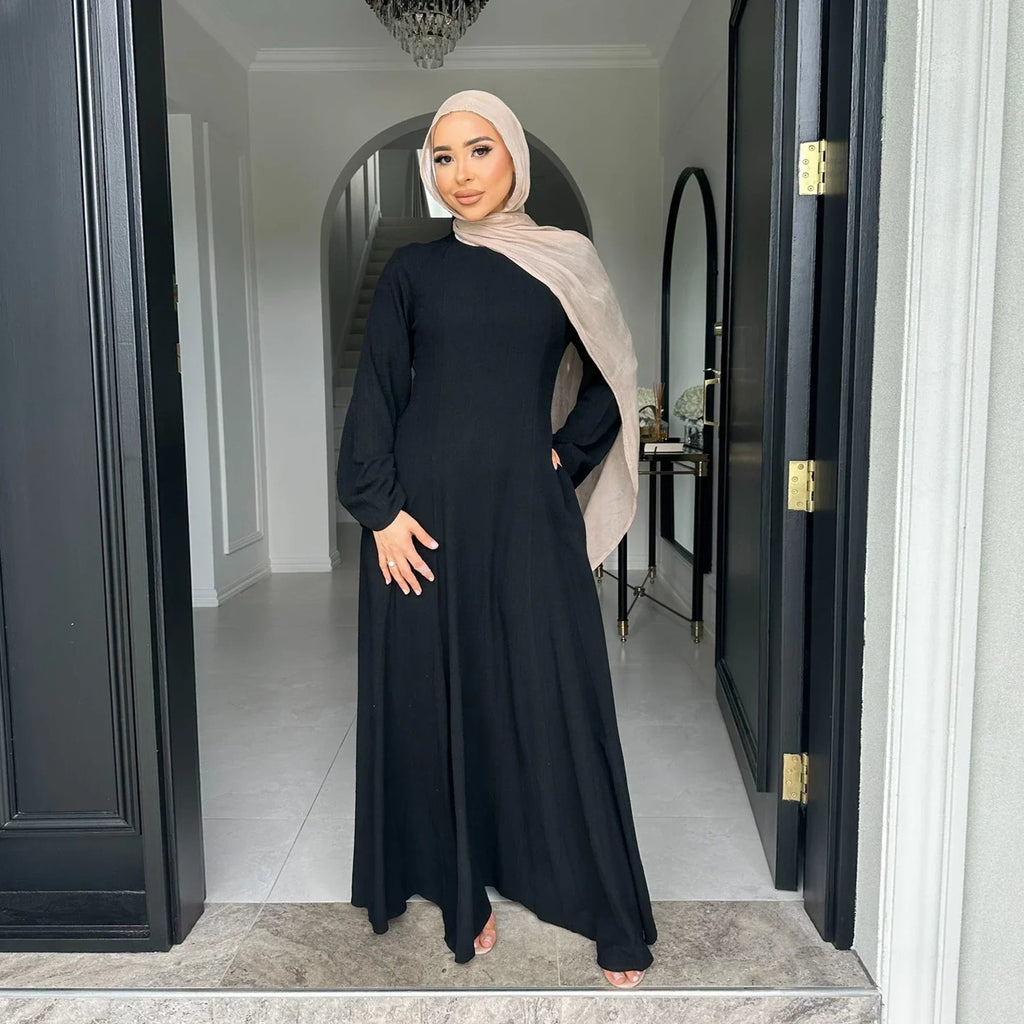 LM100 Abaya Coton Lin Nouée dans le Dos Élégante – Coupe Slim, Prenez une Taille au-dessus | Robe Modeste Aïd