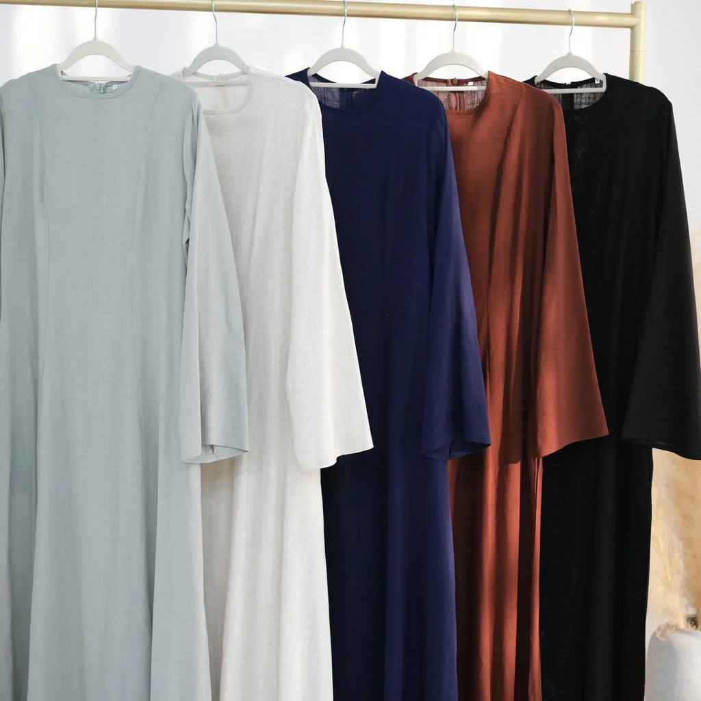 LM100 Abaya Coton Lin Nouée dans le Dos Élégante – Coupe Slim, Prenez une Taille au-dessus | Robe Modeste Aïd