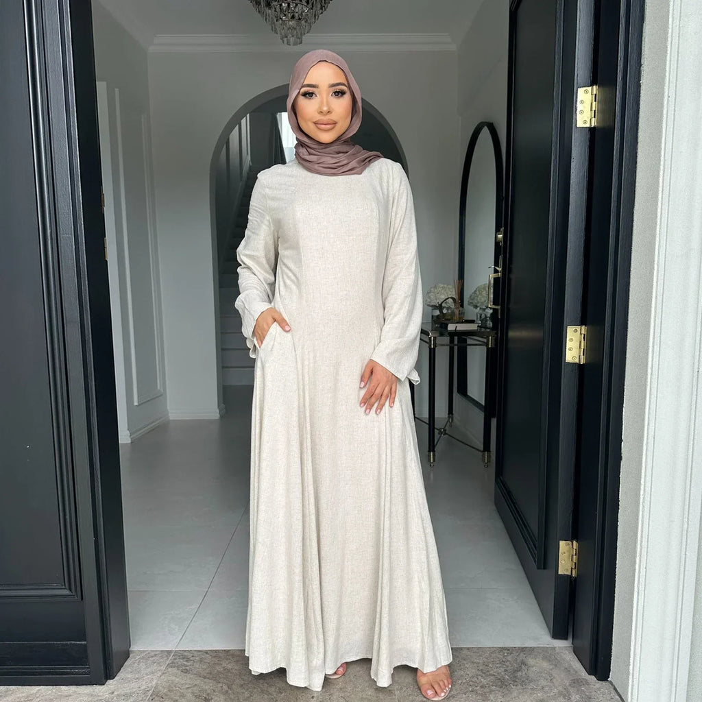 LM100 Abaya Coton Lin Nouée dans le Dos Élégante – Coupe Slim, Prenez une Taille au-dessus | Robe Modeste Aïd