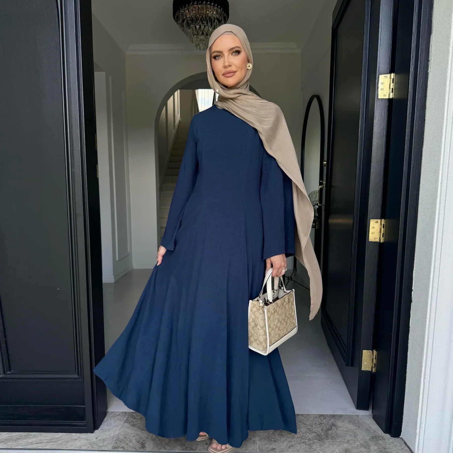 LM100 Abaya Coton Lin Nouée dans le Dos Élégante – Coupe Slim, Prenez une Taille au-dessus | Robe Modeste Aïd