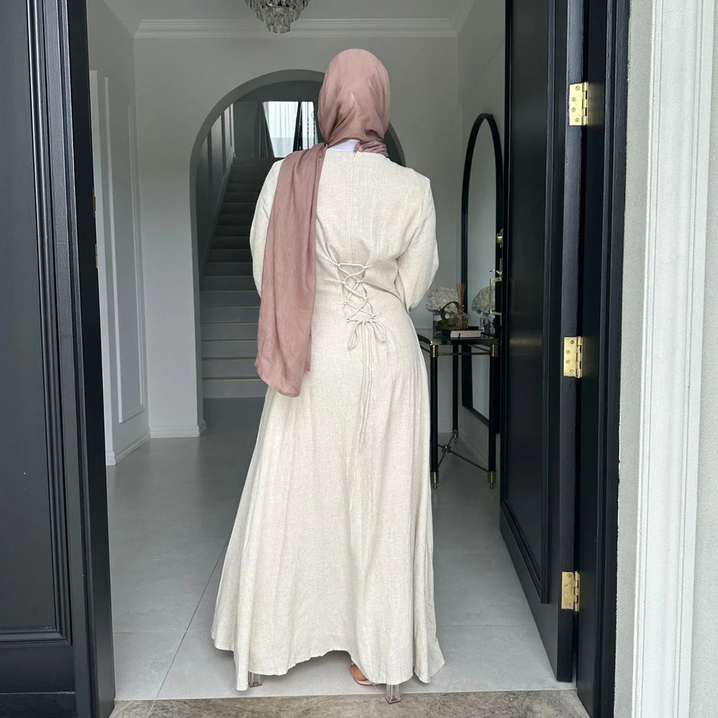 LM100 Abaya Coton Lin Nouée dans le Dos Élégante – Coupe Slim, Prenez une Taille au-dessus | Robe Modeste Aïd