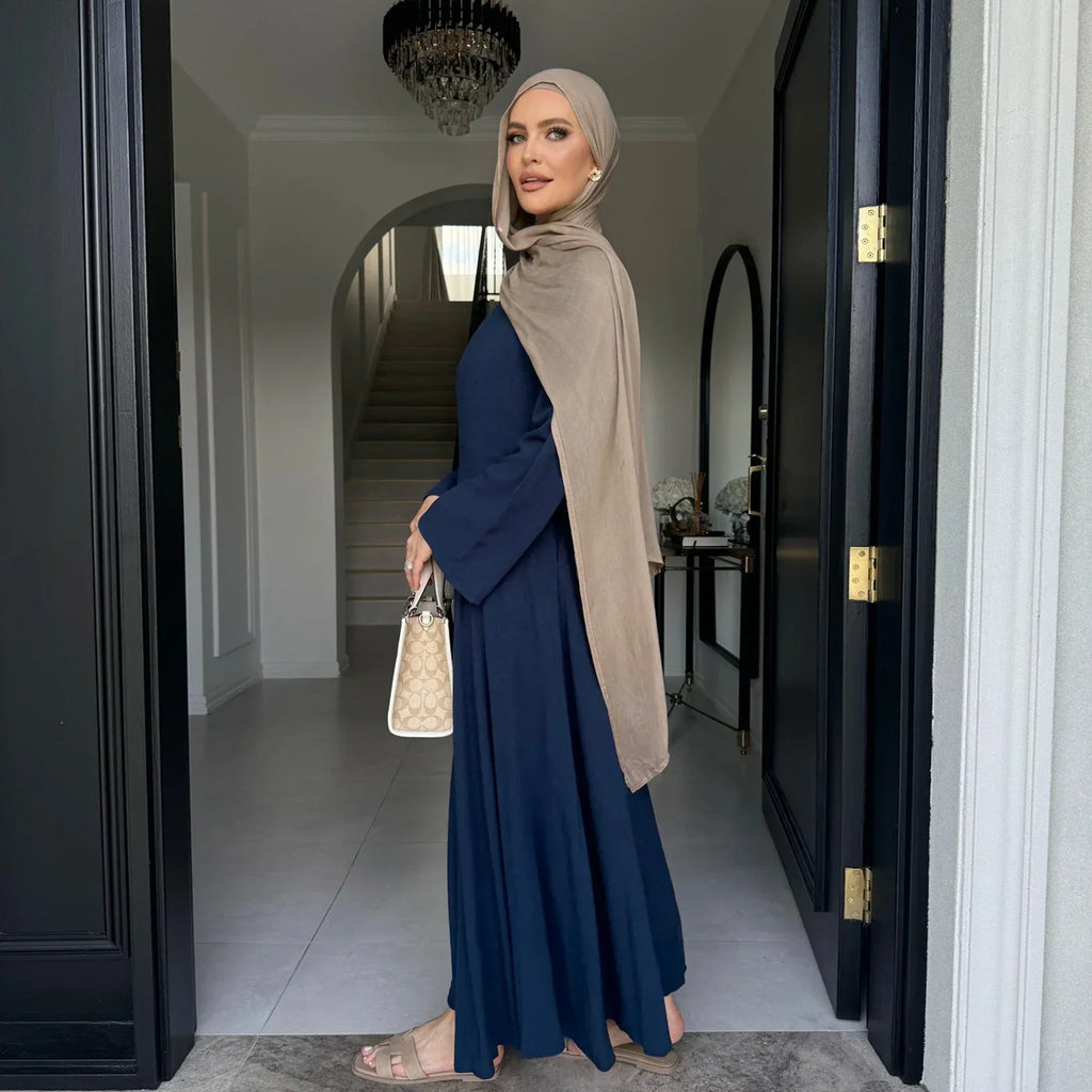 LM100 Abaya Coton Lin Nouée dans le Dos Élégante – Coupe Slim, Prenez une Taille au-dessus | Robe Modeste Aïd