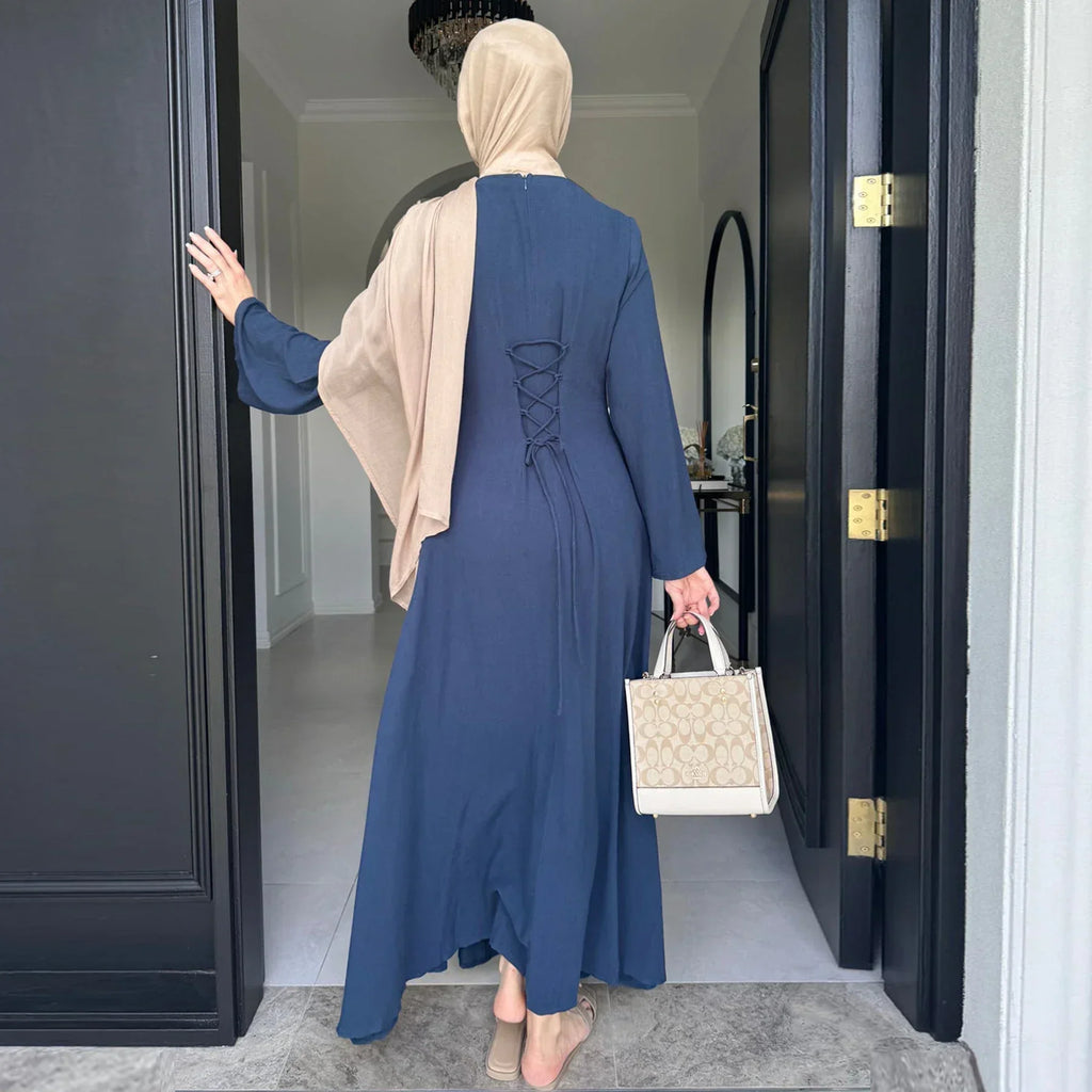 LM100 Abaya Coton Lin Nouée dans le Dos Élégante – Coupe Slim, Prenez une Taille au-dessus | Robe Modeste Aïd