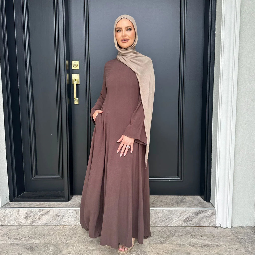 LM100 Abaya Coton Lin Nouée dans le Dos Élégante – Coupe Slim, Prenez une Taille au-dessus | Robe Modeste Aïd