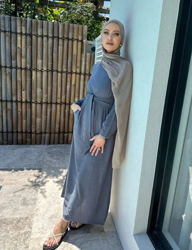 LM101 Robe Abaya Estivale à Taille Nouée | Mélange Coton Lin Léger