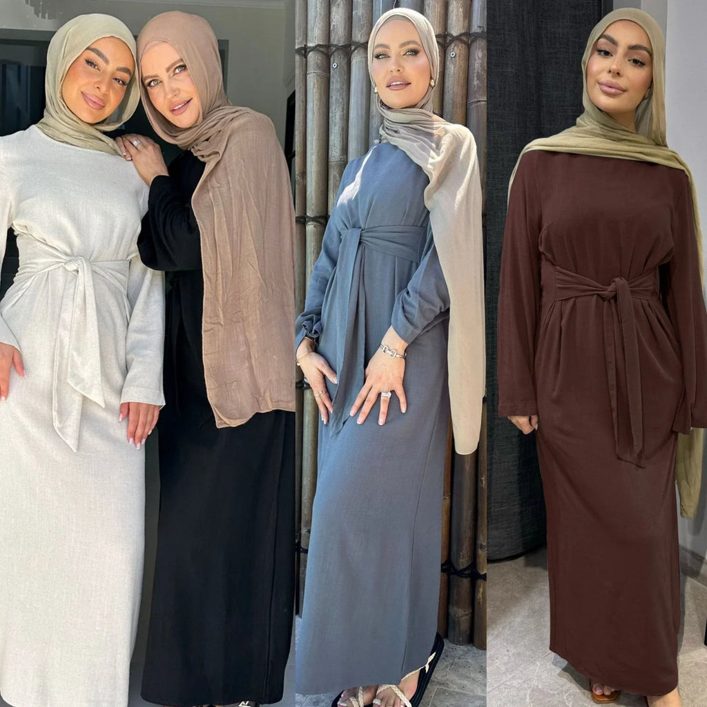 LM101 Robe Abaya Estivale à Taille Nouée | Mélange Coton Lin Léger