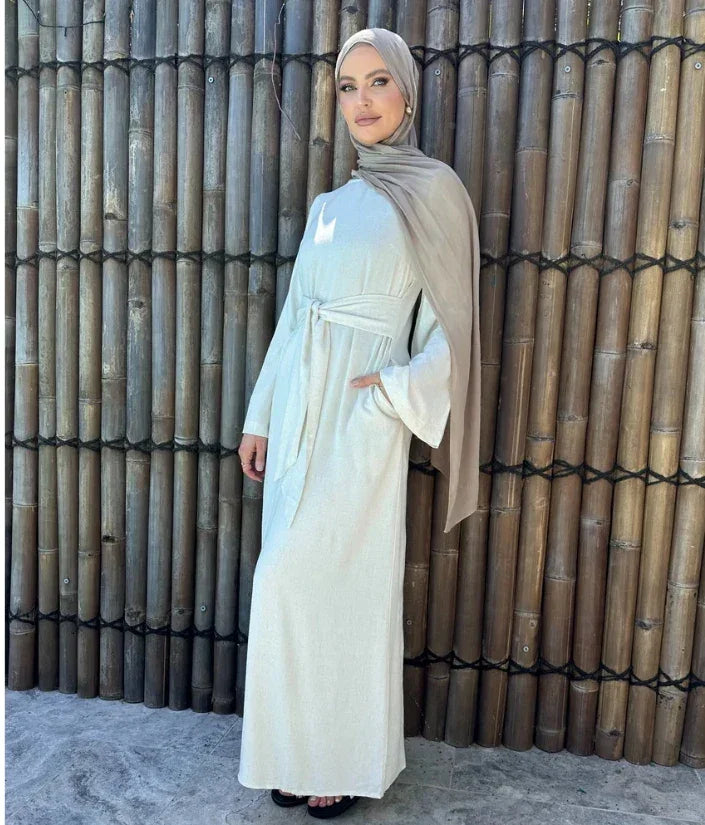 LM101 Robe Abaya Estivale à Taille Nouée | Mélange Coton Lin Léger
