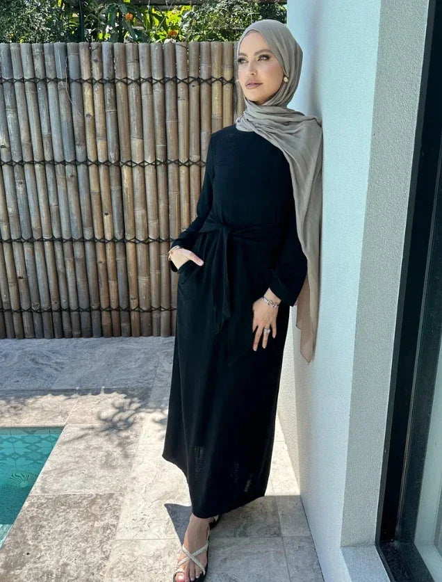 LM101 Robe Abaya Estivale à Taille Nouée | Mélange Coton Lin Léger