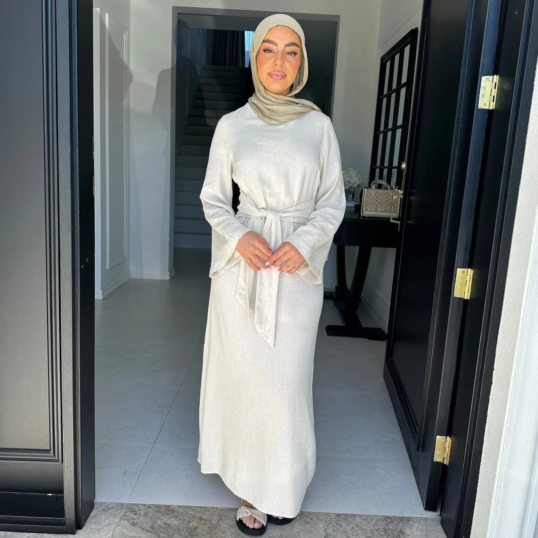LM101 Robe Abaya Estivale à Taille Nouée | Mélange Coton Lin Léger