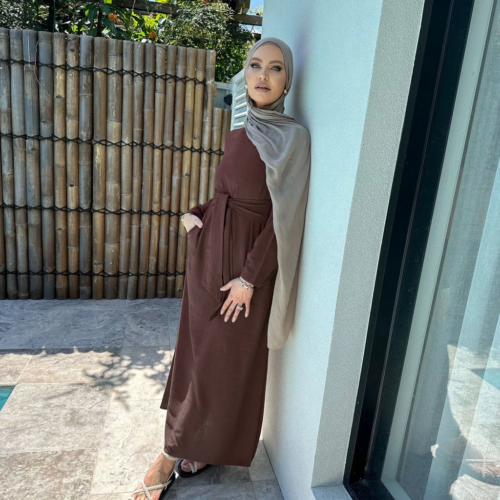 LM101 Robe Abaya Estivale à Taille Nouée | Mélange Coton Lin Léger