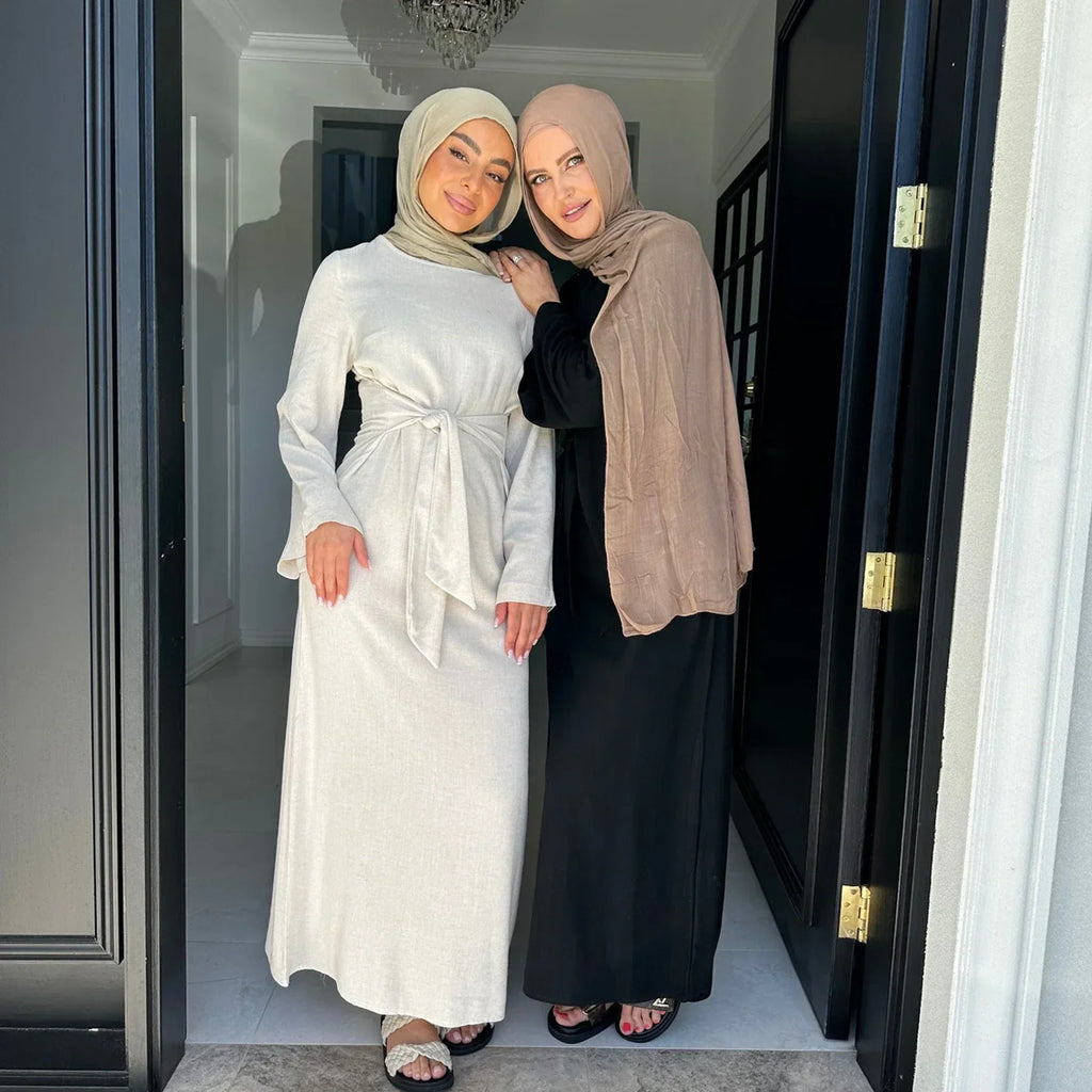LM101 Robe Abaya Estivale à Taille Nouée | Mélange Coton Lin Léger