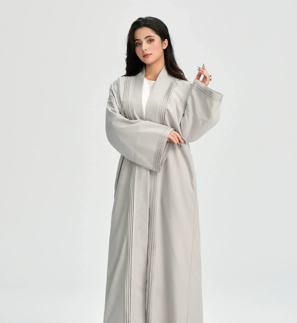 LM110 Abaya Lin Texturé Plissée avec Poches | Robe Cardigan Ouvert Modeste
