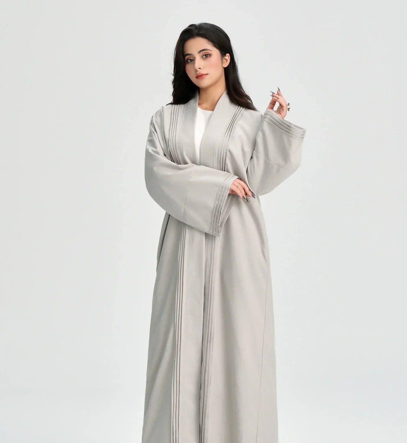 LM110 Abaya Lin Texturé Plissée avec Poches | Robe Cardigan Ouvert Modeste