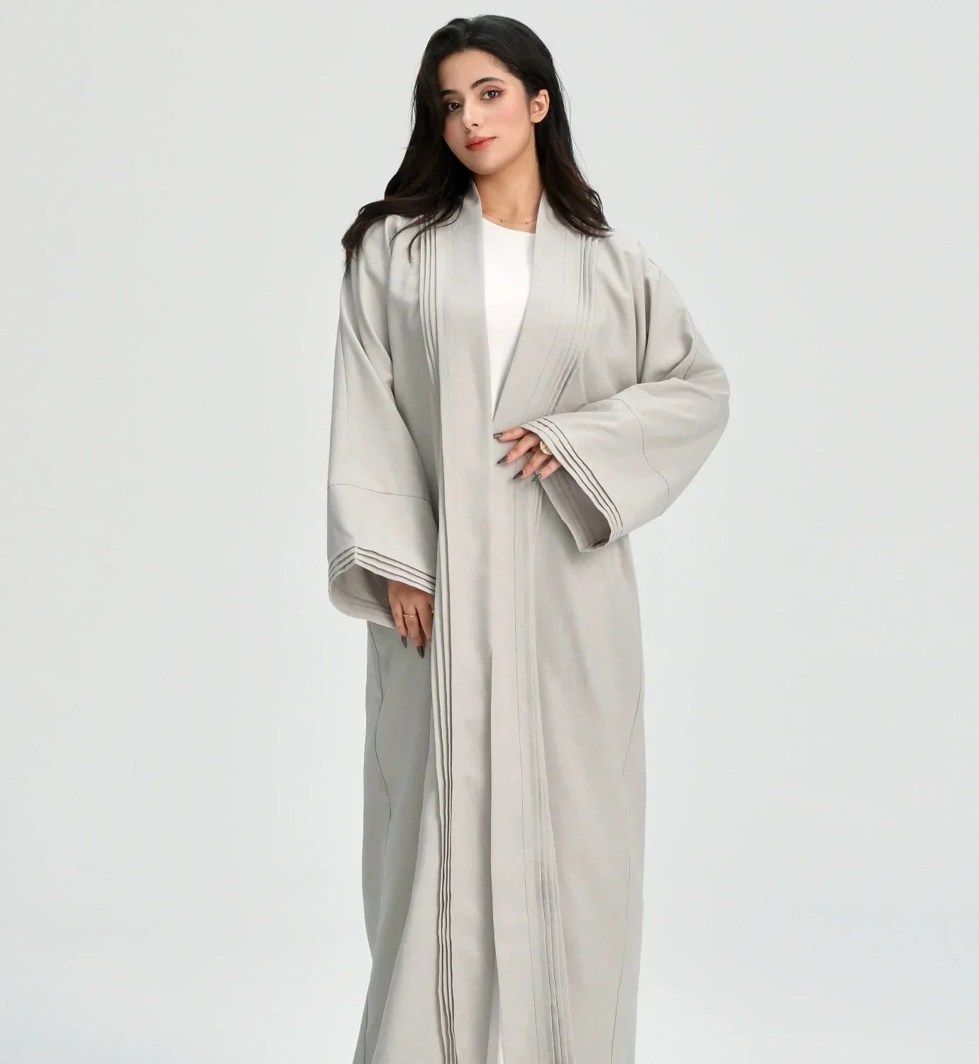 LM110 Abaya Lin Texturé Plissée avec Poches | Robe Cardigan Ouvert Modeste