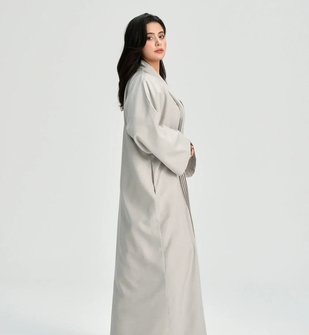 LM110 Abaya Lin Texturé Plissée avec Poches | Robe Cardigan Ouvert Modeste