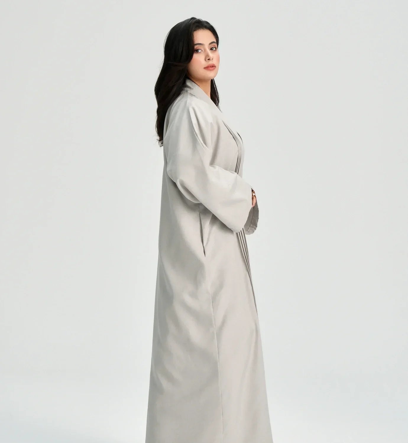 LM110 Abaya Lin Texturé Plissée avec Poches | Robe Cardigan Ouvert Modeste