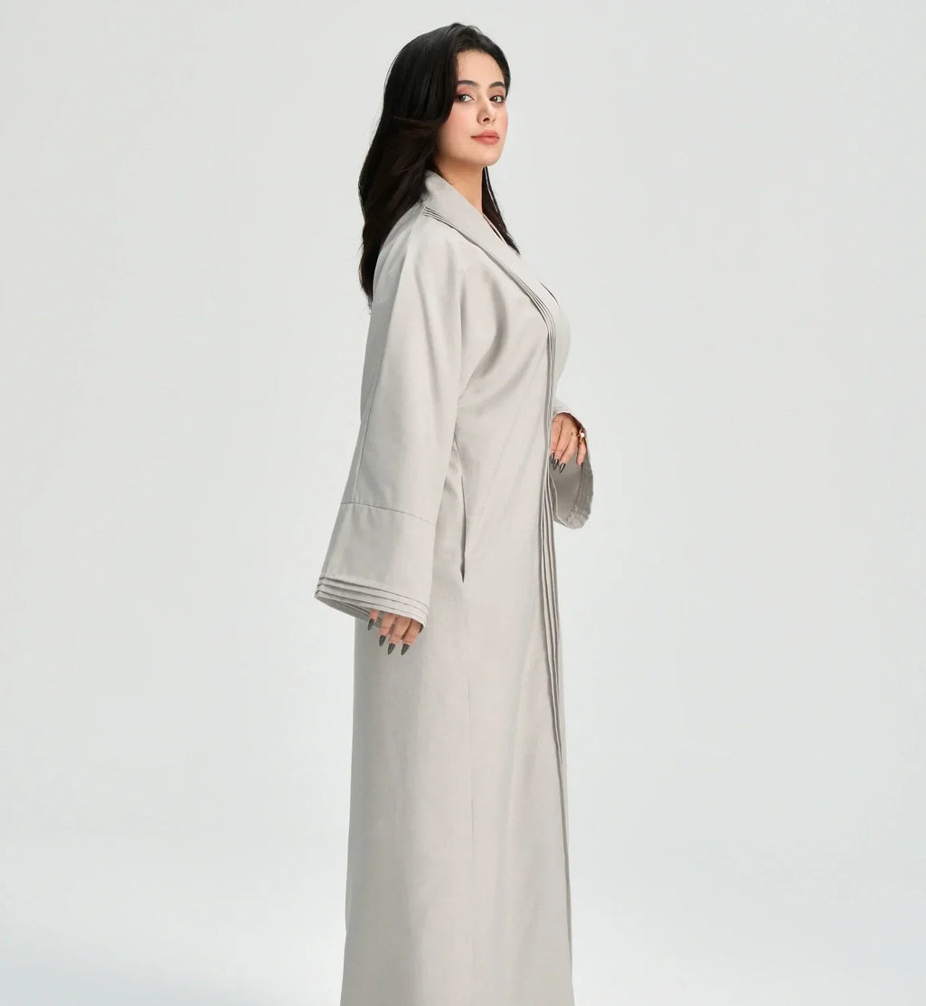 LM110 Abaya Lin Texturé Plissée avec Poches | Robe Cardigan Ouvert Modeste