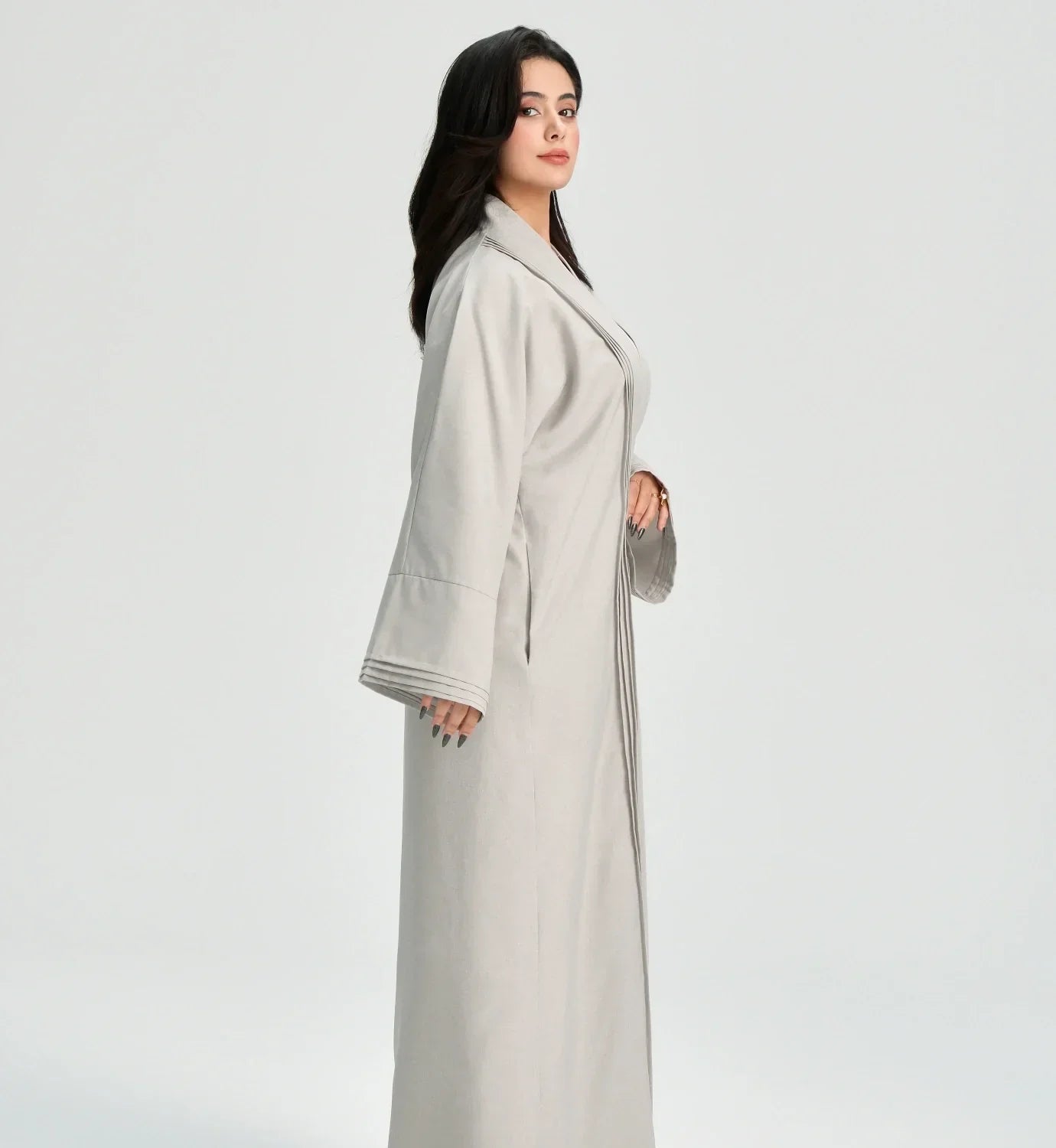 LM110 Abaya Lin Texturé Plissée avec Poches | Robe Cardigan Ouvert Modeste