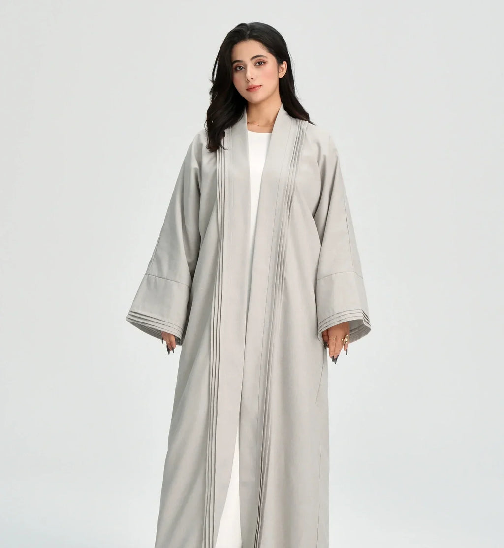 LM110 Abaya Lin Texturé Plissée avec Poches | Robe Cardigan Ouvert Modeste