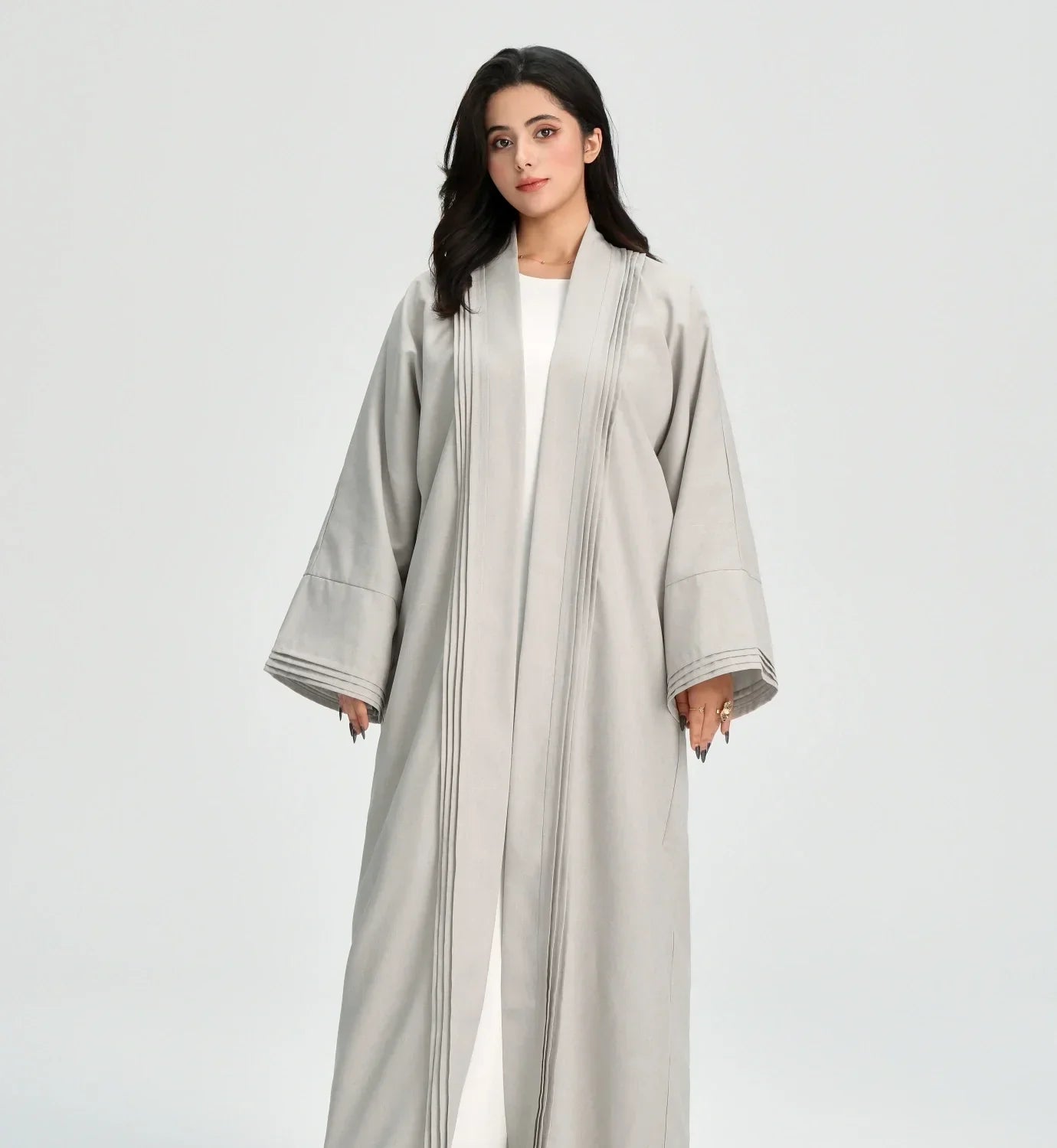 LM110 Abaya Lin Texturé Plissée avec Poches | Robe Cardigan Ouvert Modeste