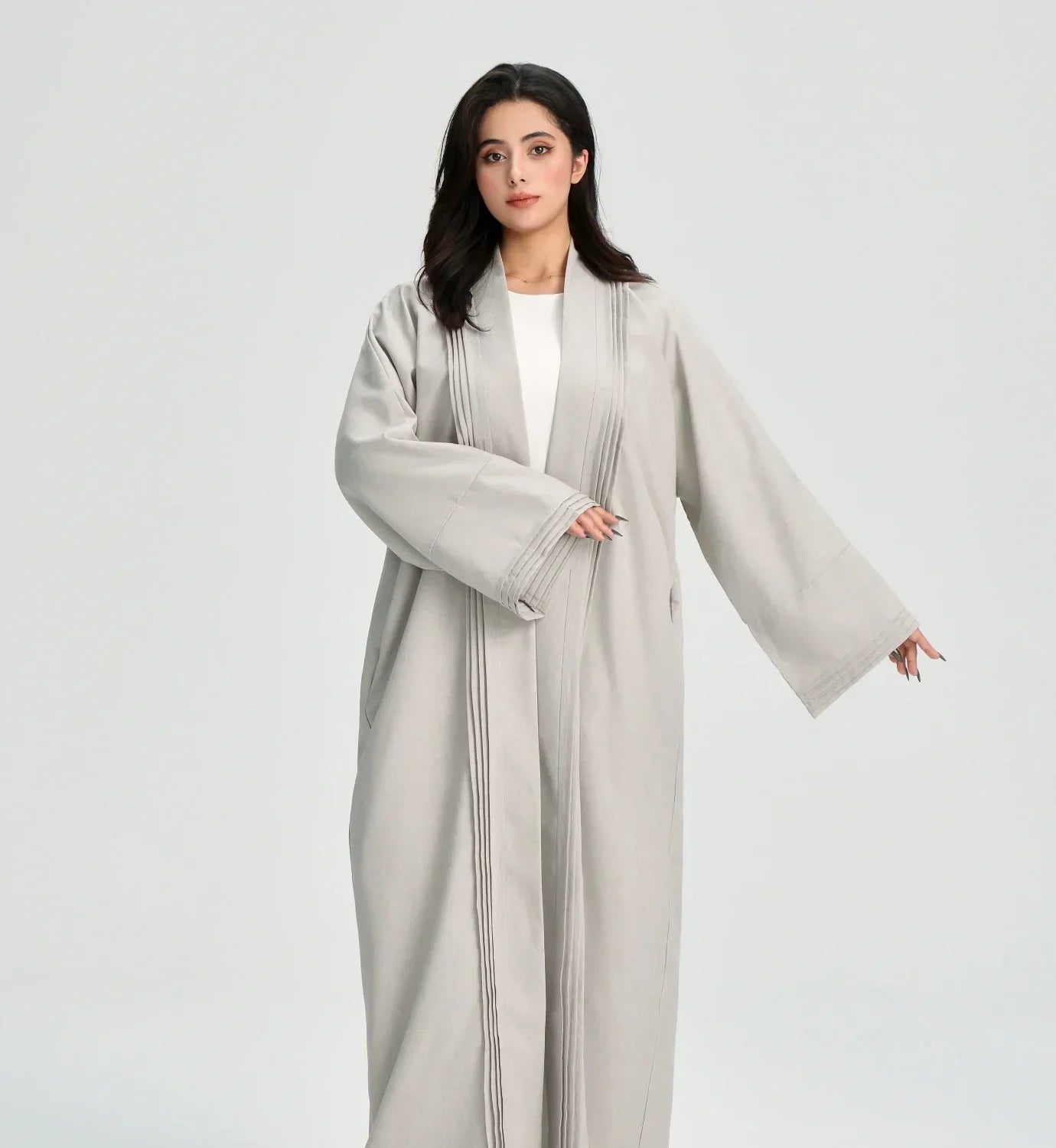 LM110 Abaya Lin Texturé Plissée avec Poches | Robe Cardigan Ouvert Modeste