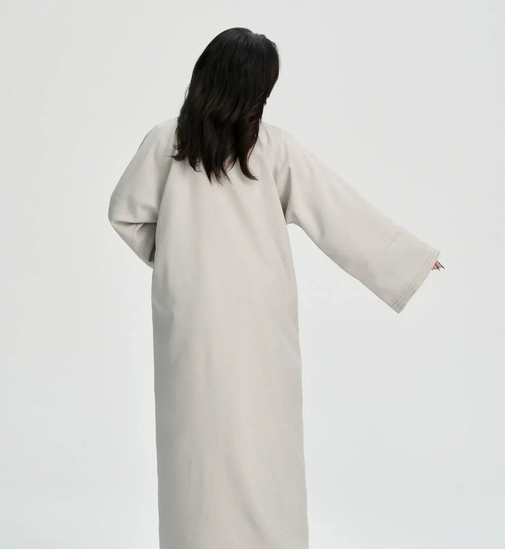 LM110 Abaya Lin Texturé Plissée avec Poches | Robe Cardigan Ouvert Modeste