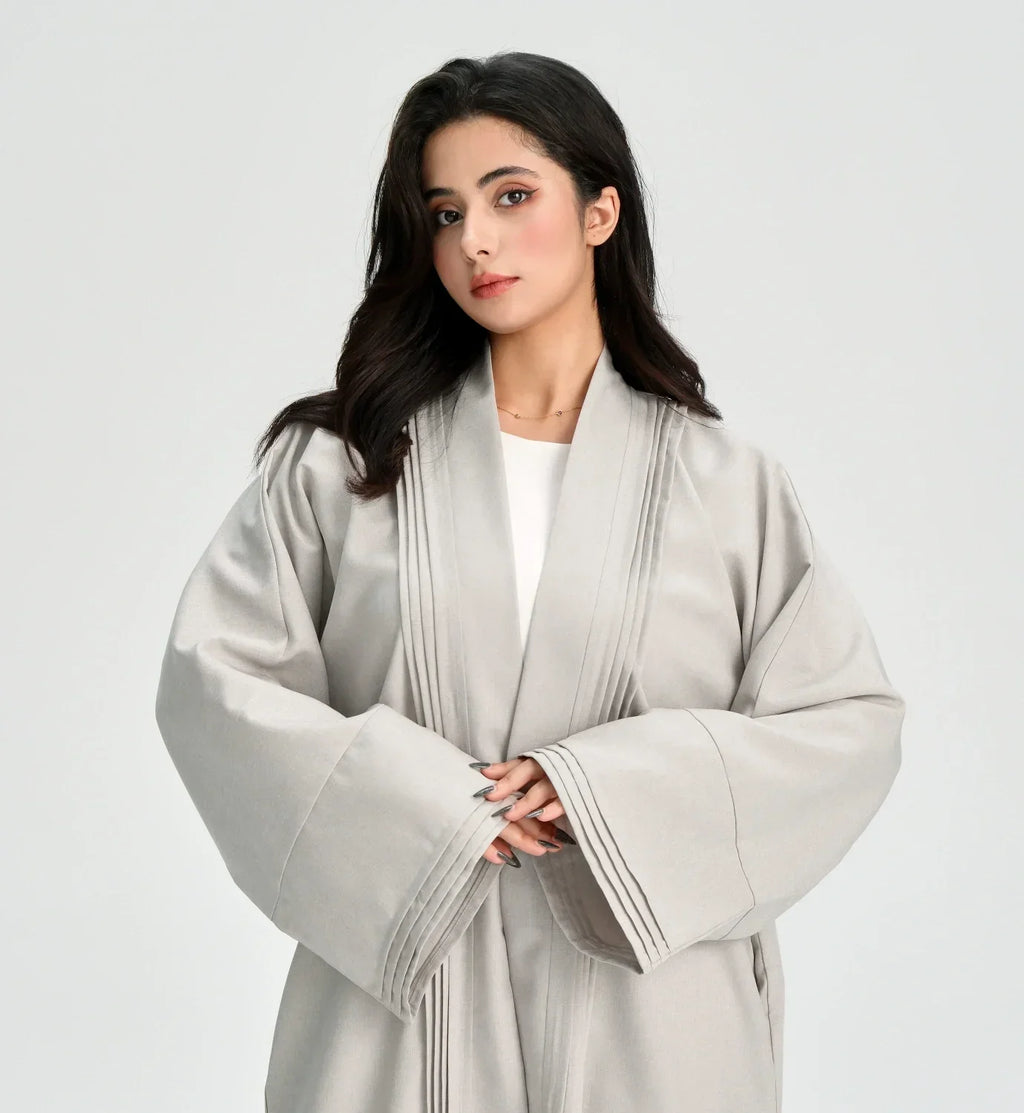 LM110 Abaya Lin Texturé Plissée avec Poches | Robe Cardigan Ouvert Modeste