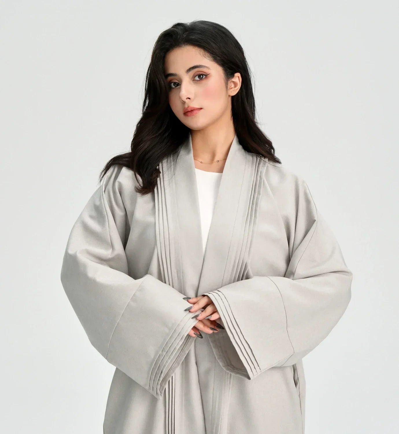 LM110 Abaya Lin Texturé Plissée avec Poches | Robe Cardigan Ouvert Modeste