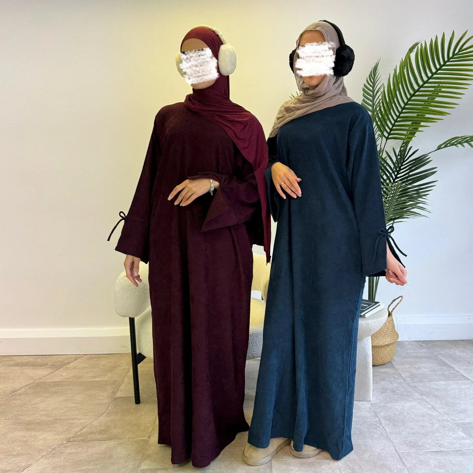 LM114 Abaya Hiver Velours Côtelé | Manche Fendue avec Détail Nœud | Robe Modeste