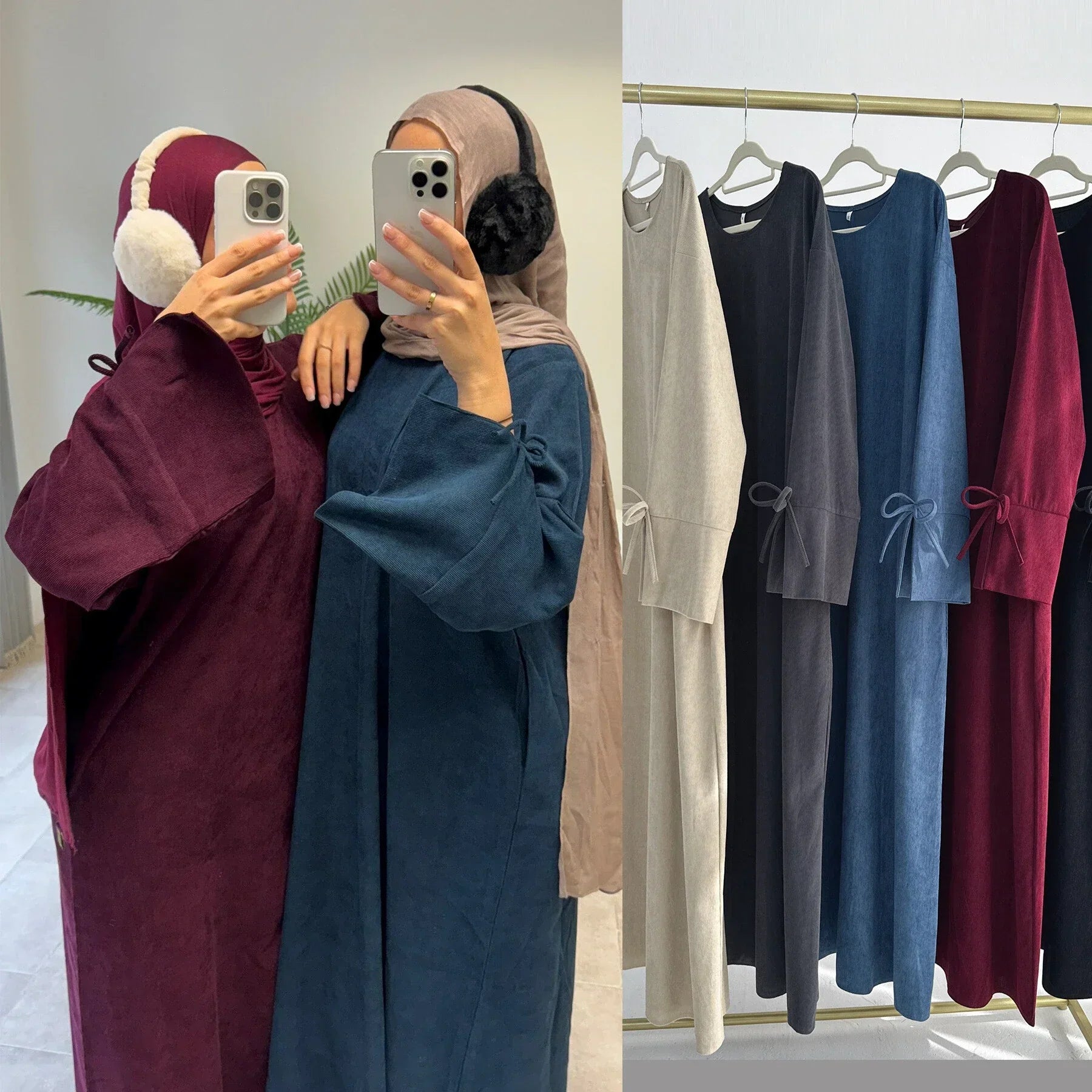LM114 Abaya Hiver Velours Côtelé | Manche Fendue avec Détail Nœud | Robe Modeste