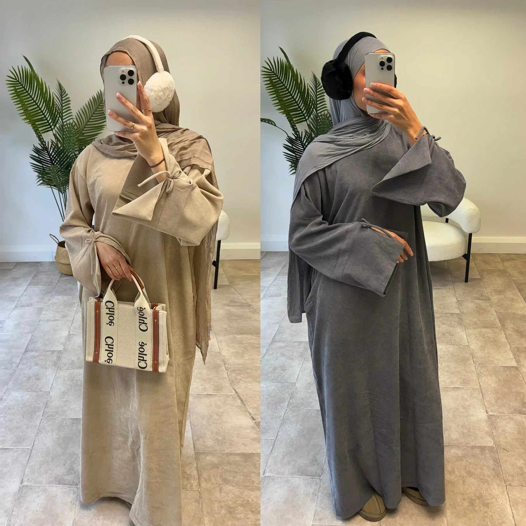 LM114 Abaya Hiver Velours Côtelé | Manche Fendue avec Détail Nœud | Robe Modeste