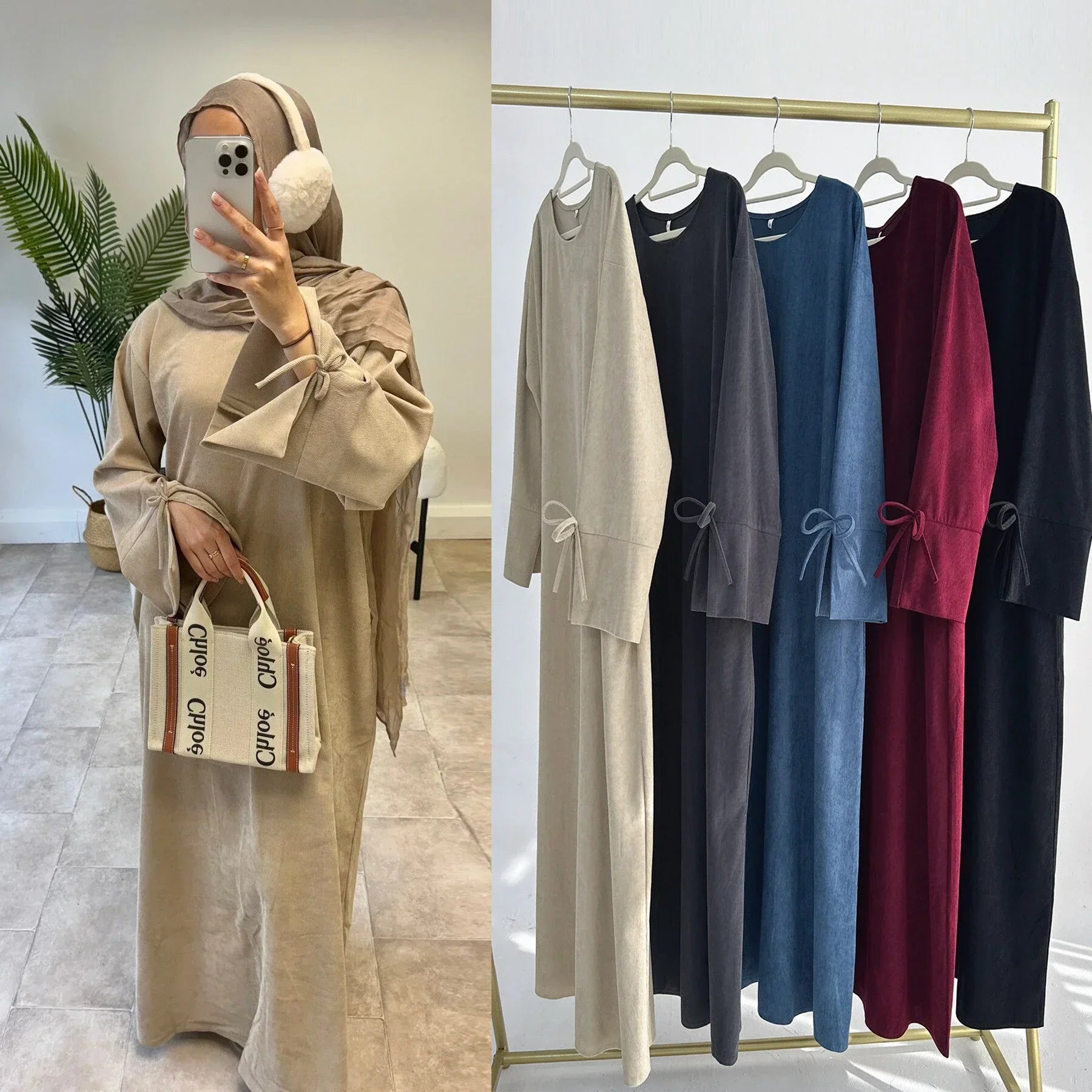 LM114 Abaya Hiver Velours Côtelé | Manche Fendue avec Détail Nœud | Robe Modeste