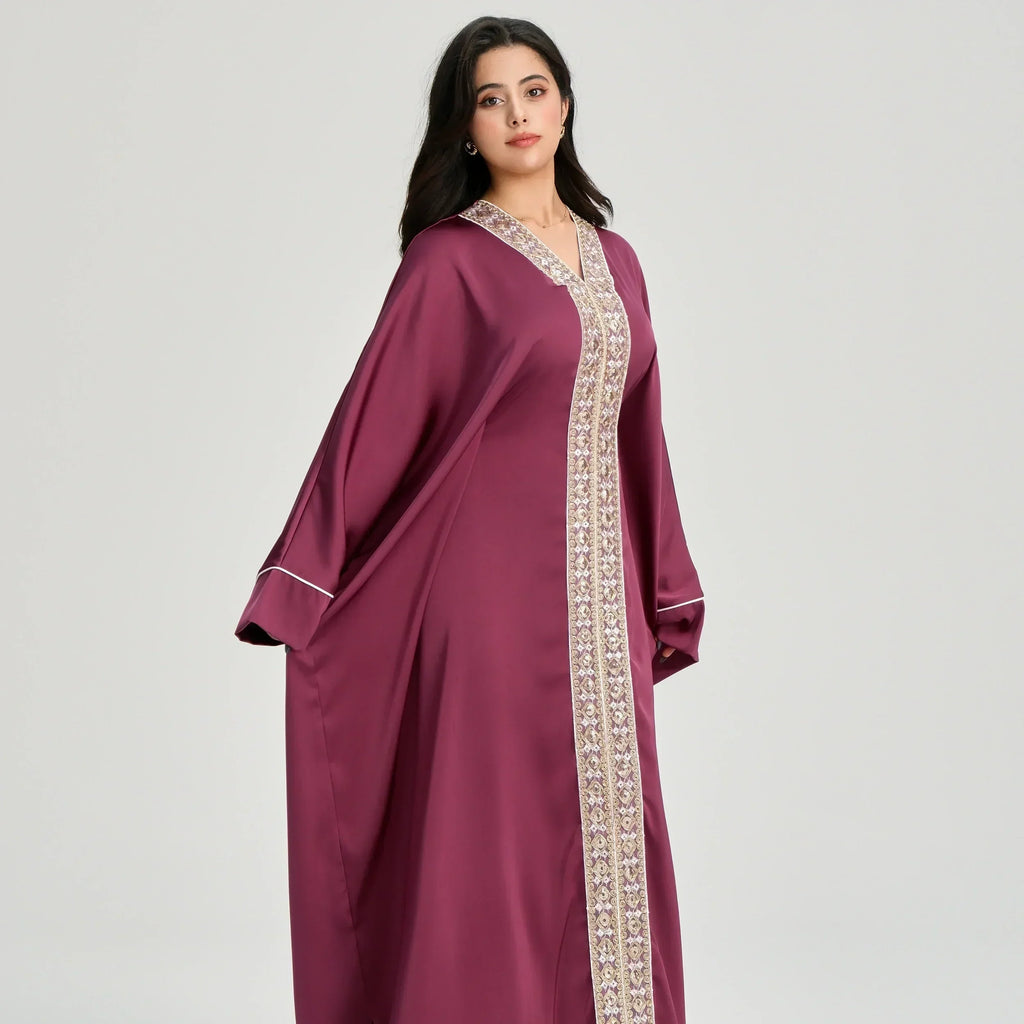 LM122 Kaftan Abaya Dentelle Dorée avec Ceinture Intérieure – Robe Maxi Khaleeji Modeste pour Aïd & Événements Formels