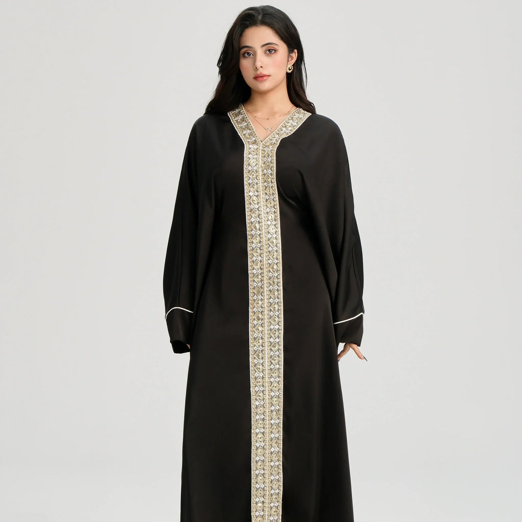 LM122 Kaftan Abaya Dentelle Dorée avec Ceinture Intérieure – Robe Maxi Khaleeji Modeste pour Aïd & Événements Formels