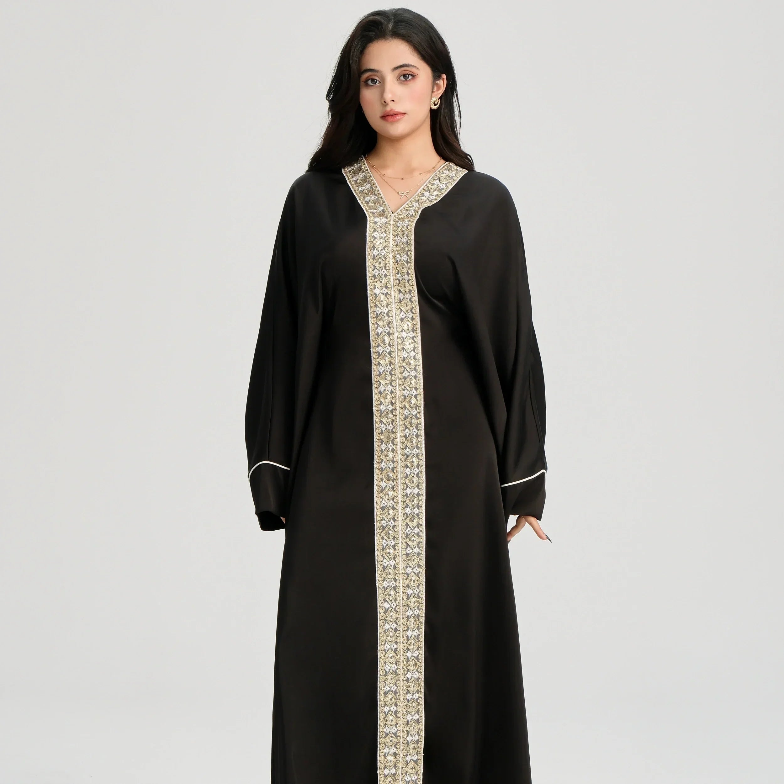 LM122 Kaftan Abaya Dentelle Dorée avec Ceinture Intérieure – Robe Maxi Khaleeji Modeste pour Aïd & Événements Formels