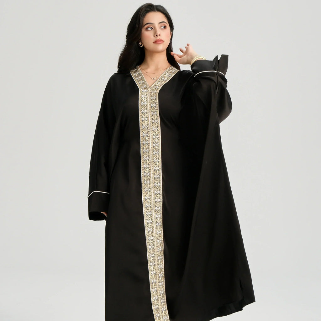 LM122 Kaftan Abaya Dentelle Dorée avec Ceinture Intérieure – Robe Maxi Khaleeji Modeste pour Aïd & Événements Formels