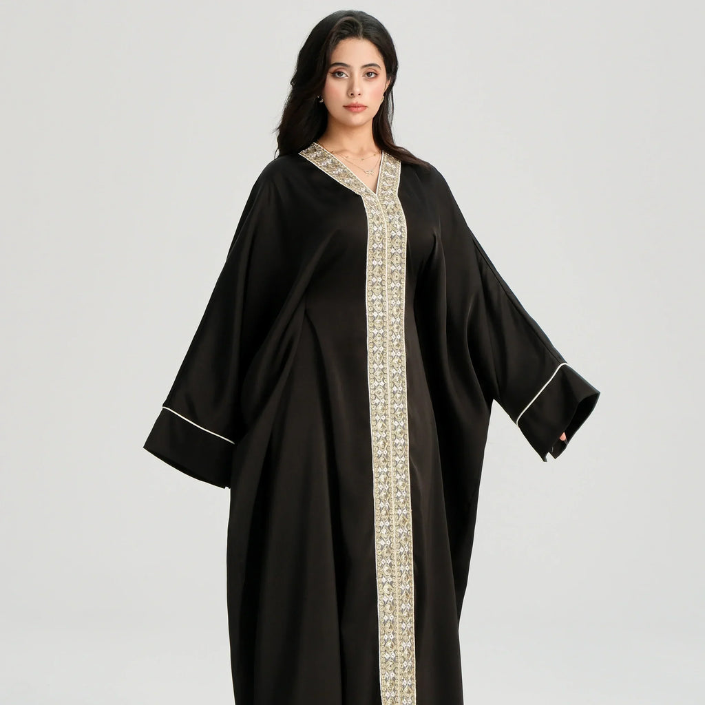 LM122 Kaftan Abaya Dentelle Dorée avec Ceinture Intérieure – Robe Maxi Khaleeji Modeste pour Aïd & Événements Formels