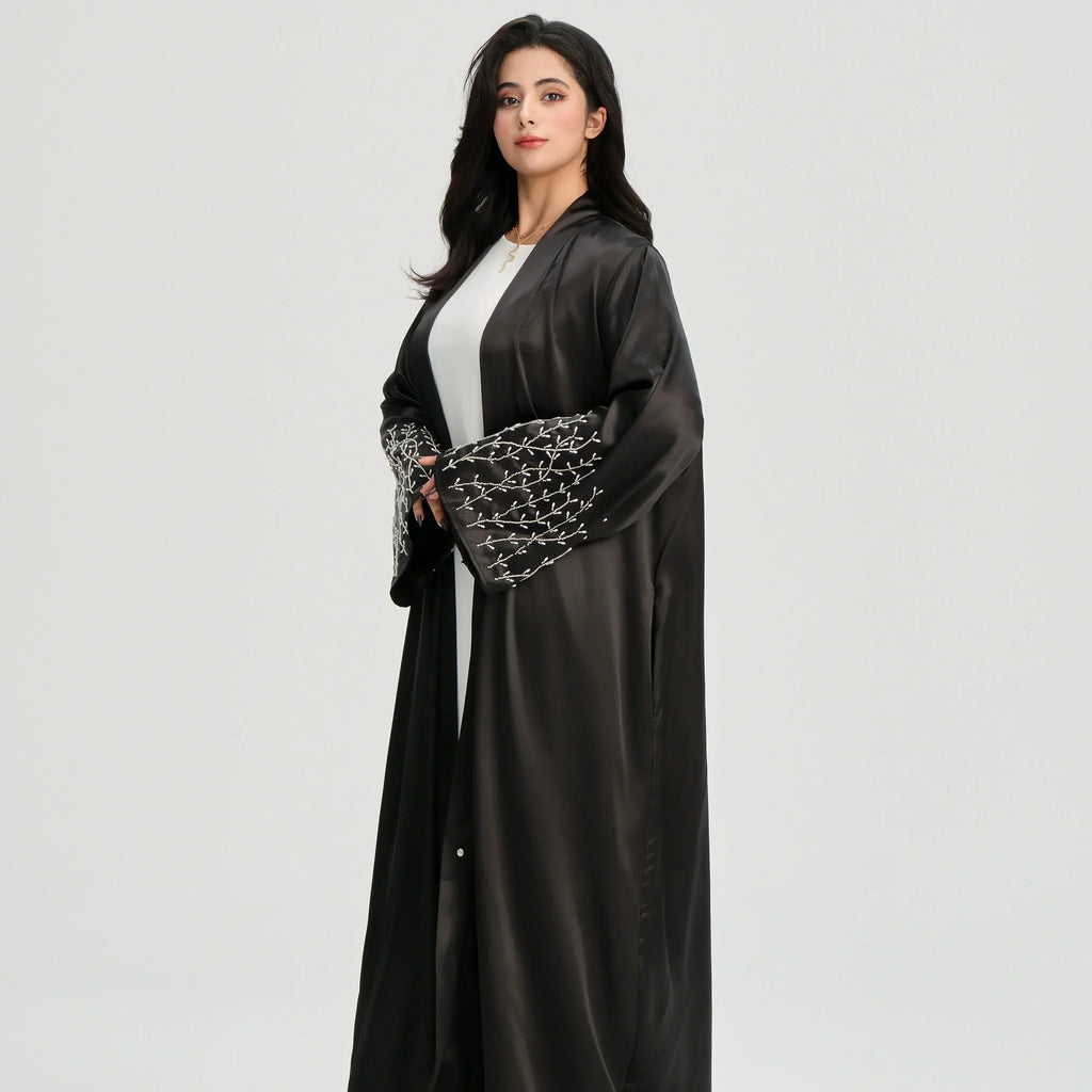 LM124 Abaya Satin Perles & Strass | Cardigan Ouvert Élégant pour Femmes