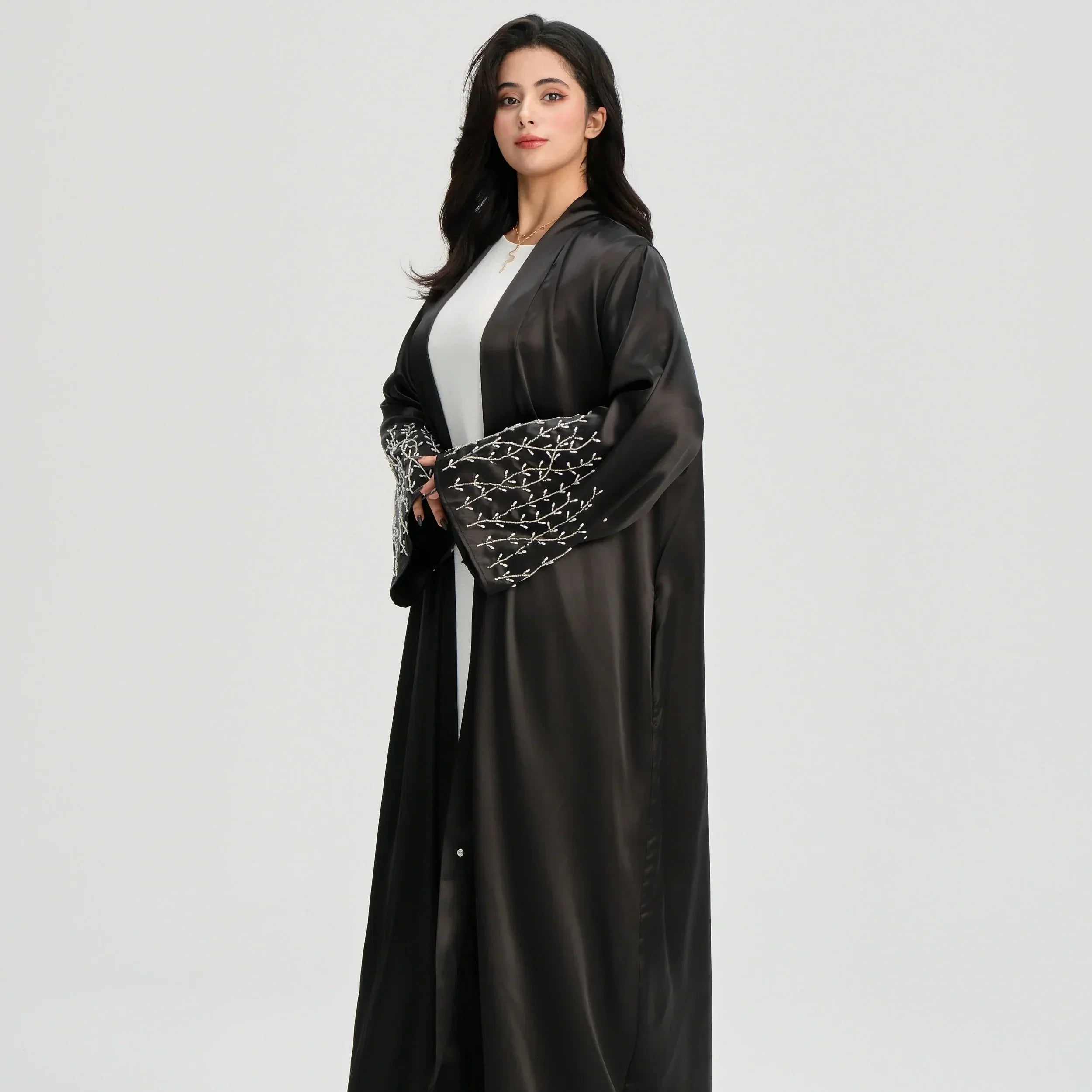 LM124 Abaya Satin Perles & Strass | Cardigan Ouvert Élégant pour Femmes