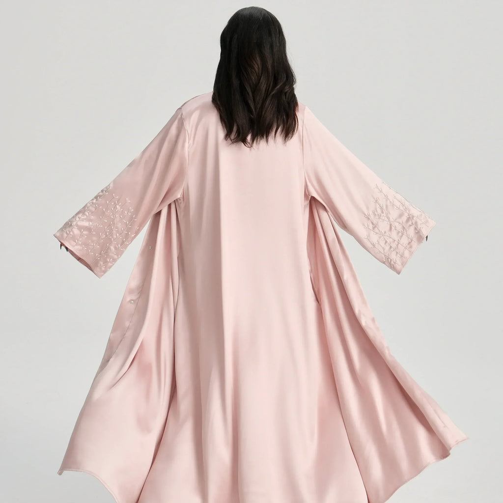 LM124 Abaya Satin Perles & Strass | Cardigan Ouvert Élégant pour Femmes
