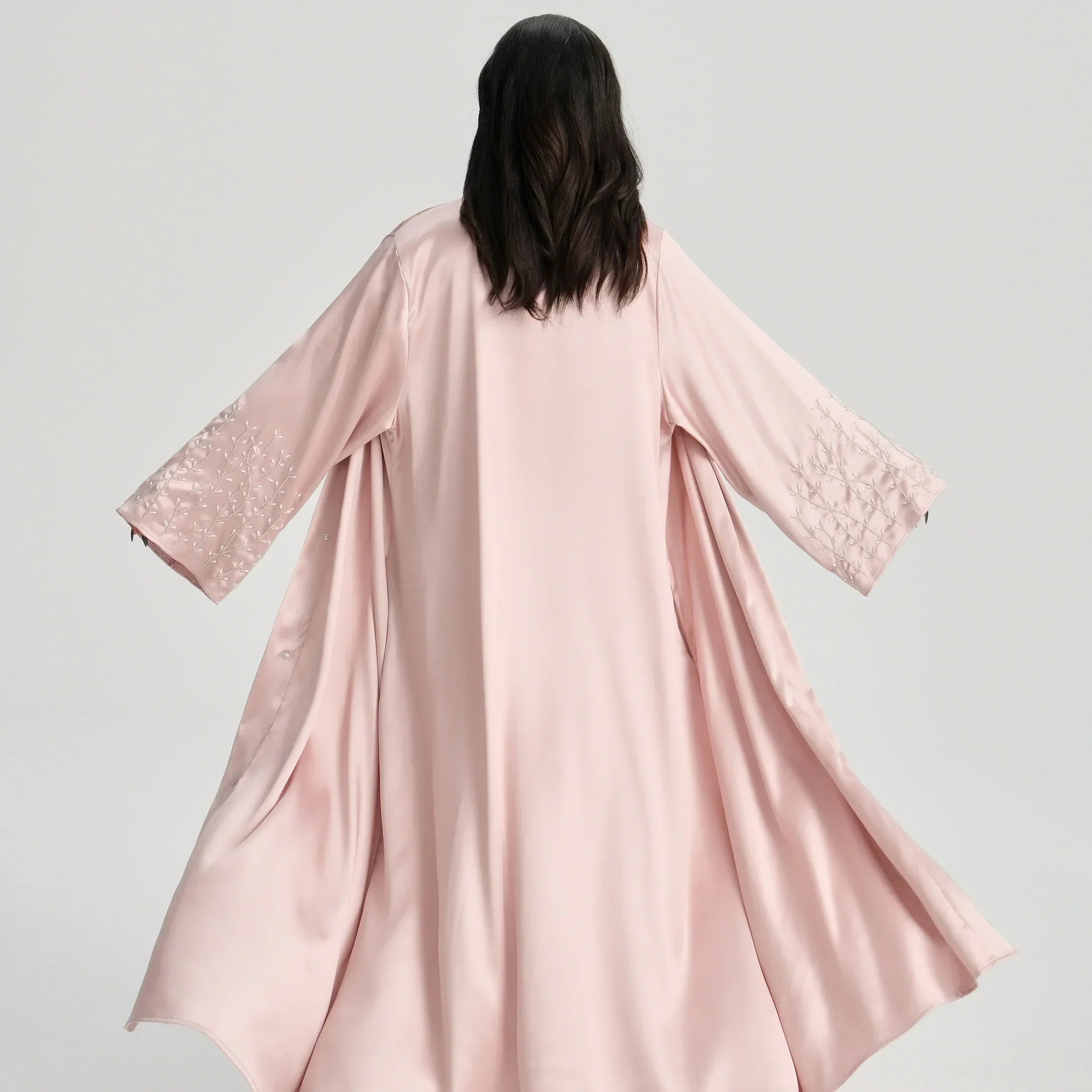 LM124 Abaya Satin Perles & Strass | Cardigan Ouvert Élégant pour Femmes