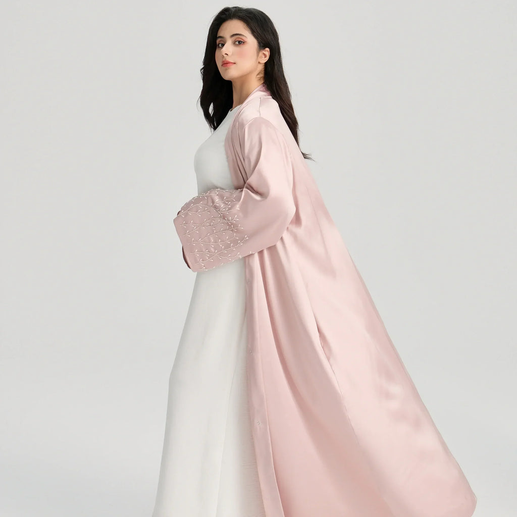 LM124 Abaya Satin Perles & Strass | Cardigan Ouvert Élégant pour Femmes