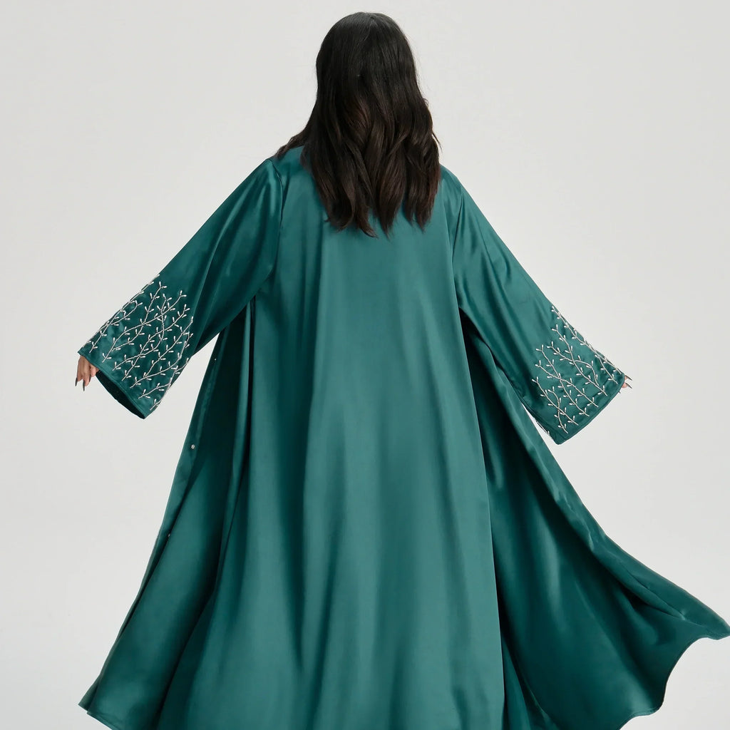 LM124 Abaya Satin Perles & Strass | Cardigan Ouvert Élégant pour Femmes
