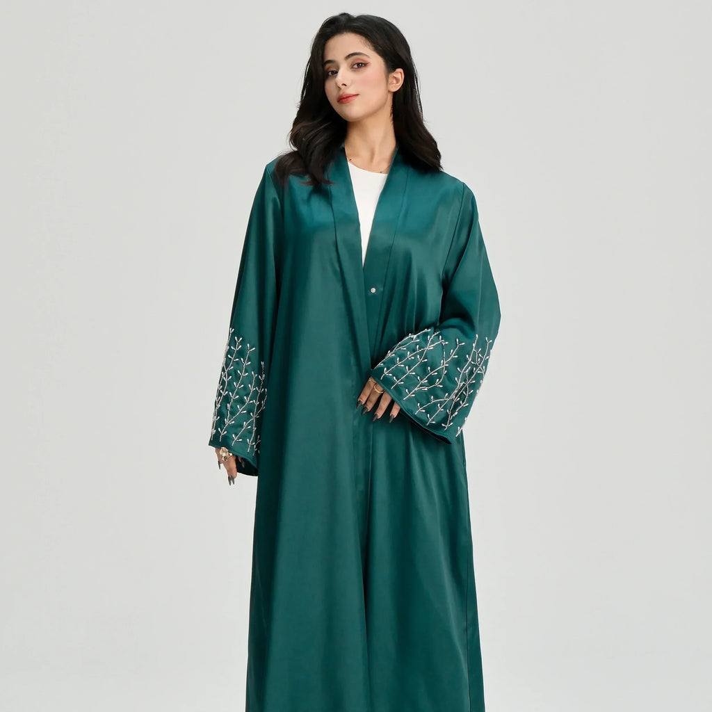 LM124 Abaya Satin Perles & Strass | Cardigan Ouvert Élégant pour Femmes