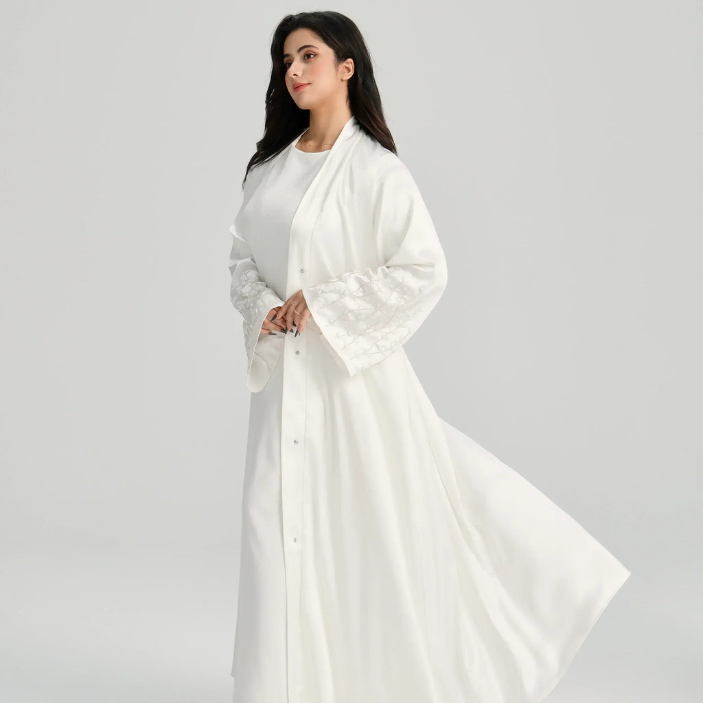 LM124 Abaya Satin Perles & Strass | Cardigan Ouvert Élégant pour Femmes
