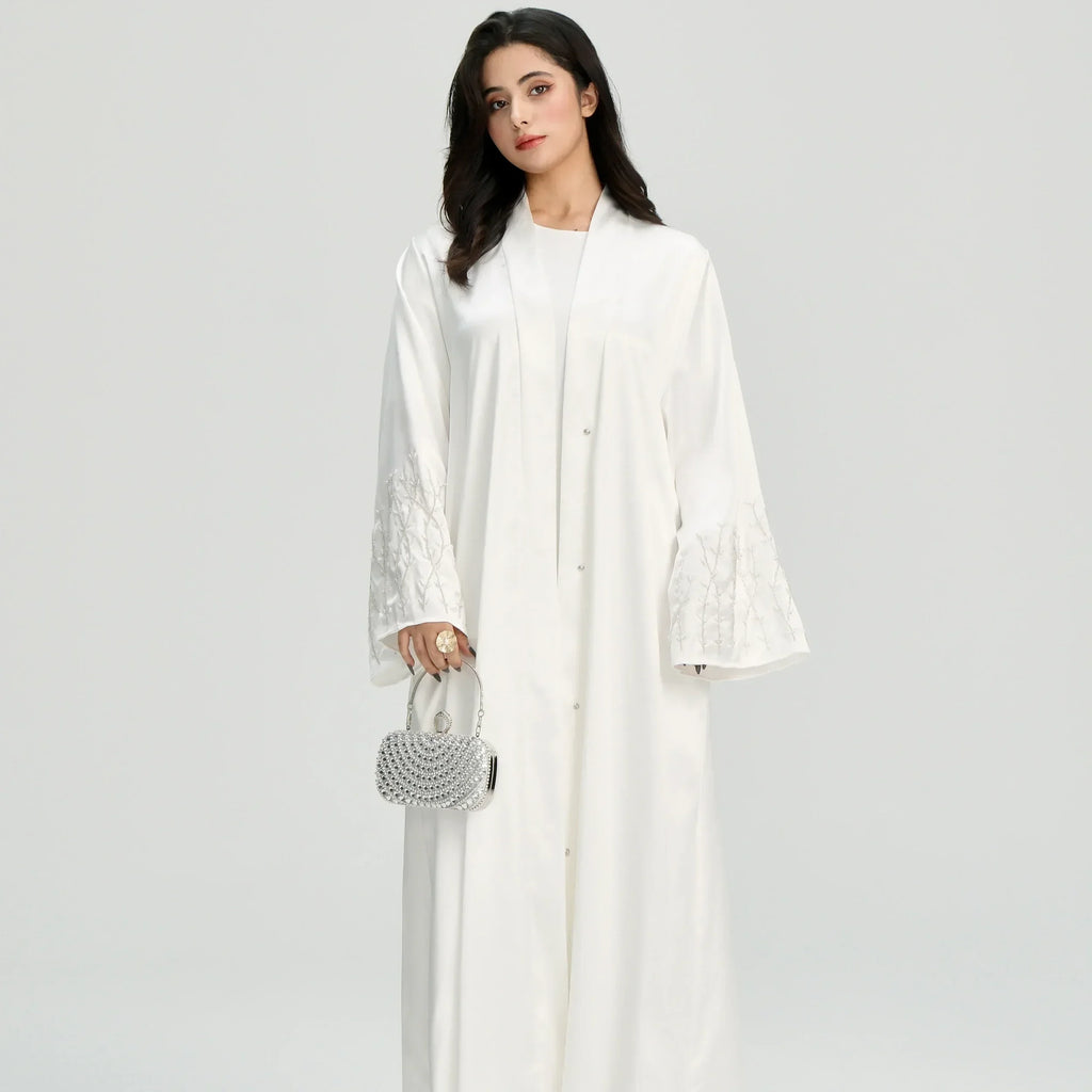 LM124 Abaya Satin Perles & Strass | Cardigan Ouvert Élégant pour Femmes