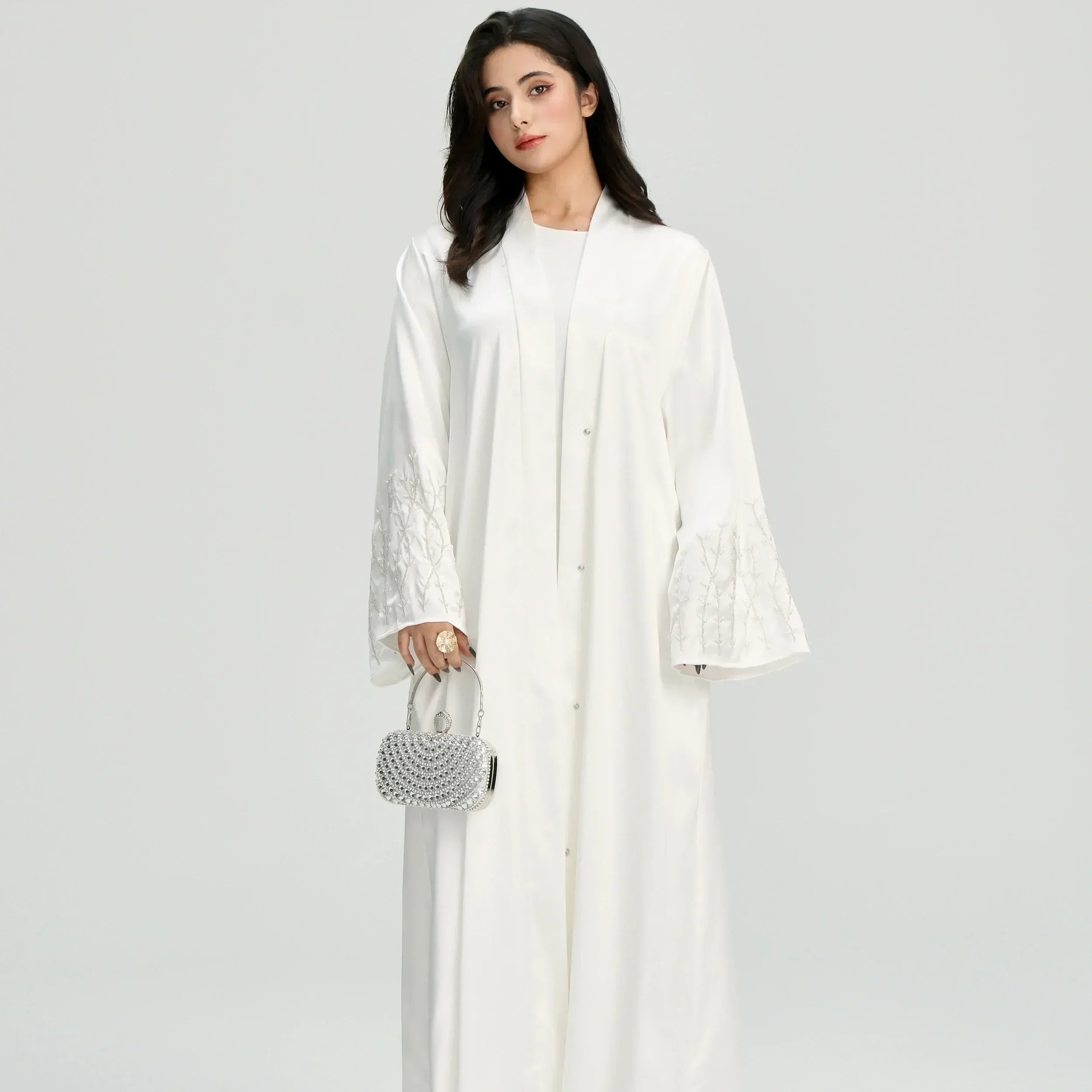 LM124 Abaya Satin Perles & Strass | Cardigan Ouvert Élégant pour Femmes